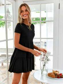 Vestido de punto de manga corta casual con cuello redondo y dobladillo con volantes de unicolor - Negro - Ver 6