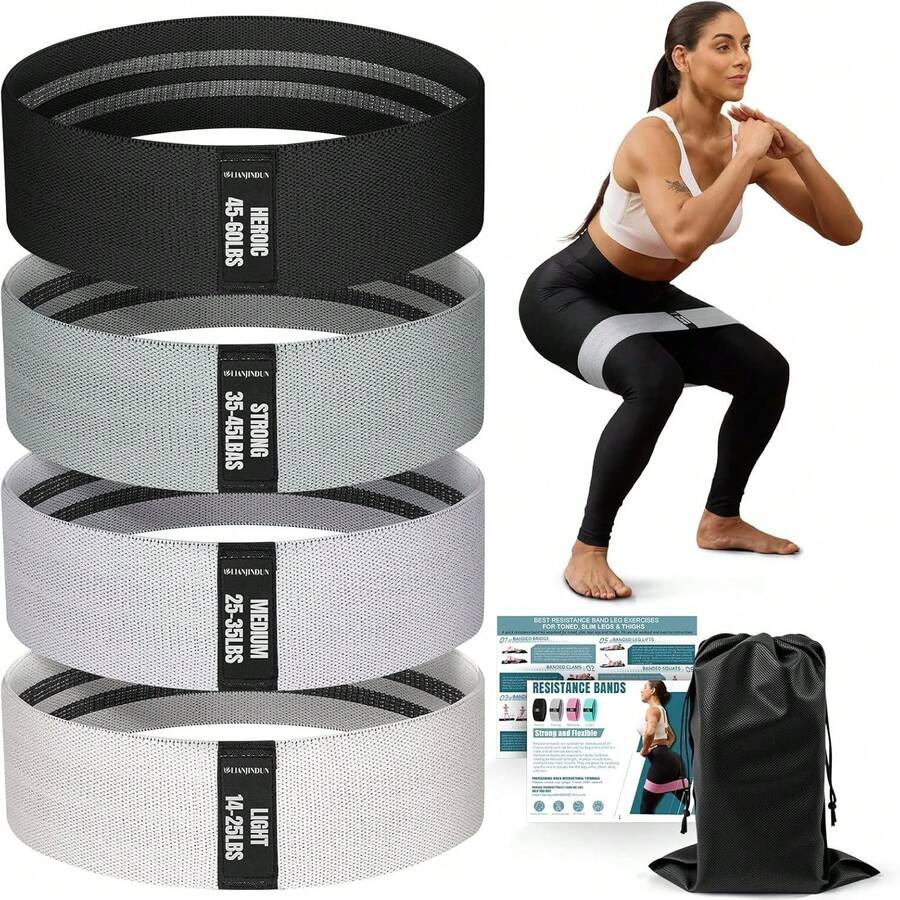 Resistance Bands For Working Out With Guide, 4 Workout Bands For Women & Men, Fabric Exercise Bands For Legs, Hip, Glute, Butt, - 漸層灰 - 查看 1