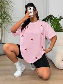 Envío gratis, entrega local enéxico, entrega en 4 días.Camiseta casual negra de manga corta talla con bordado de cerezas. - Rosa - Ver 4
