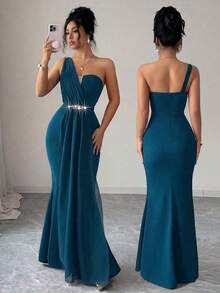 Elenzya Vestido elegante y romántico para mujer con escote asimétrico, cintura ceñida, bajo de cola de pez, decoración de perlas, adecuado para fiestas y reuniones - Agua verde azul - Ver 8