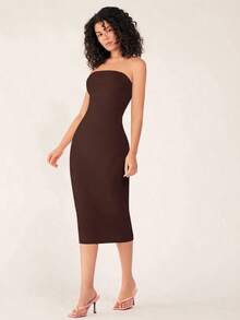 Vestido casual ceñido con escote strapless para cena para mujer - Marrón 2 - Ver 4