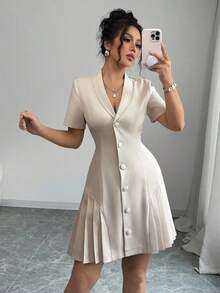 Vestido elegante y casual de verano con cuello reversible, decoración de botones, cintura ceñida, volantes y manga corta, en color liso, para primavera/verano - Albaricoque - Ver 3