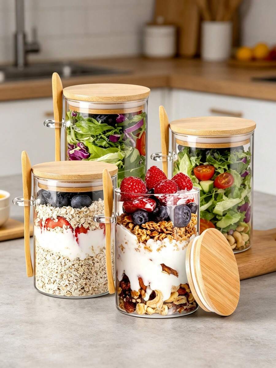 3pcs Glass Food Storage Containers (1 Container, 1 Lid, 1 Spoon), Made Of High Borosilicate Glass And Bamboo Lid, With Lid And Spoon, Suitable For Overnight Oats, Chia Pudding, Salad, Coffee