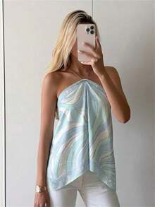 Blusa de mujer elegante con cuello de halter, estampado de tinte anudado y gasa para vacaciones en la playa - Azul - Ver 10