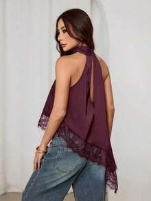 Blusa sin mangas elegante y formal con cuello halter asimétrico, adorno de encaje y hombros descubiertos para fiesta, cóctel, boda o salida nocturna en verano y otoño - Burdeos - Ver 2