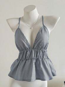 Top halter sin espalda casual a rayas, verano - Gris - Ver 4