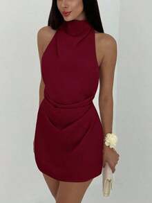 Vestido mini plisado de mujer con espalda abierta y atado - Burdeos - Ver 5