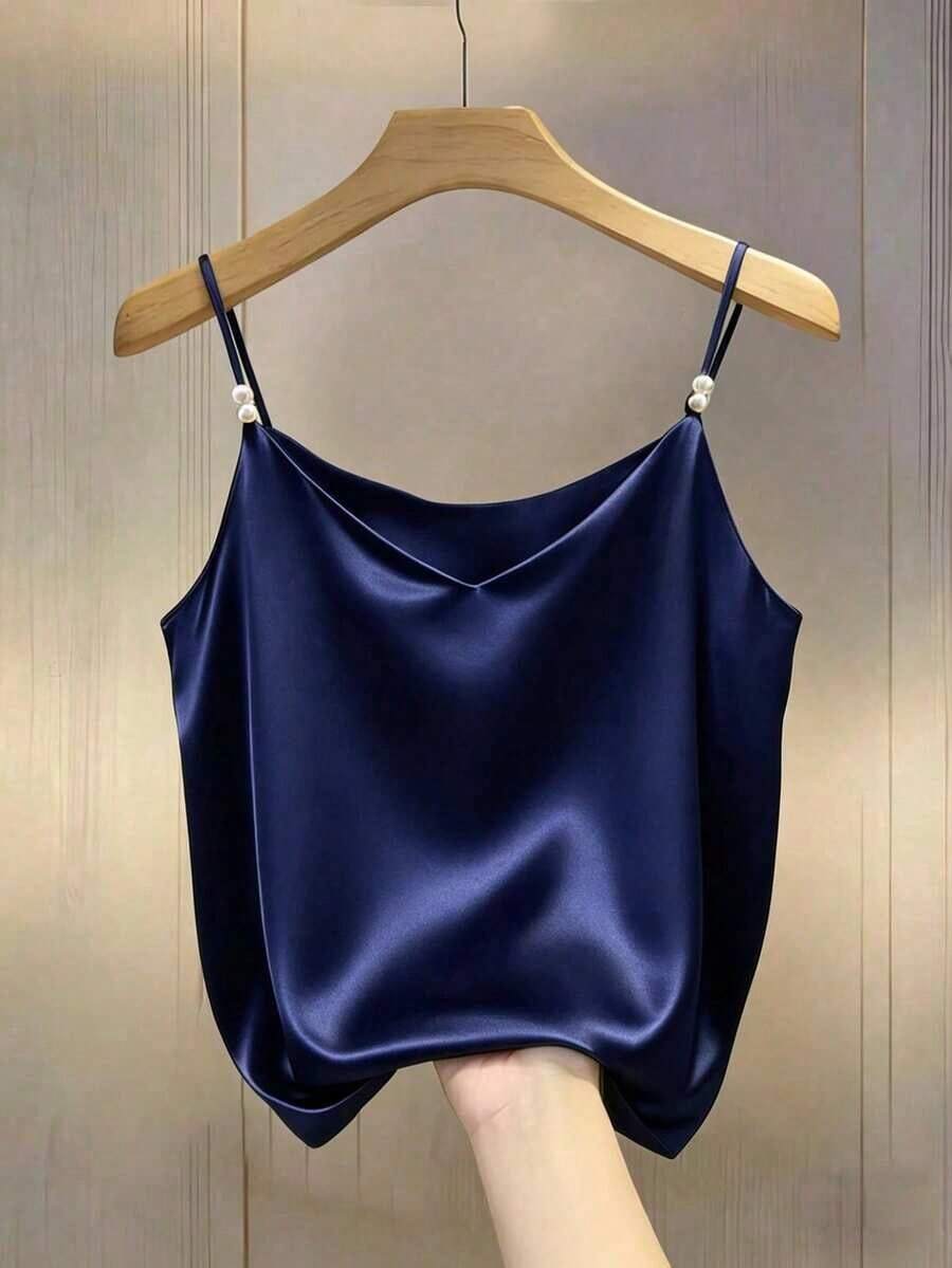 Elegante camiseta de satén con escote en V francés delicado y decoración de perlas, adecuada como prenda de superposición para mujeres - Azul marino - Ver 1