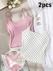 Paquete de 2 tops de camiseta acanalada con sujetador acolchado incorporado - Rosa y Negro/Lunares blancos, tops versátiles casuales para verano y uso en todas las estaciones, estilos suaves y limpios para chica, perfectos para el hogar, la escuela - Negro 4 - Ver 7