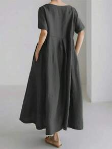 Vestido de lino suelto, casual, elegante y cómodo para mujer.Vestido largo suelto de manga corta, con bolsillo, cuello redondo y unicolor.Ajuste relajado para el verano - Gris - Ver 3