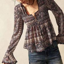 BohoFeels Easter Musical Festival BOHO Woven Printed Flare Long Sleeve Loose Women Shirt - Negro - Ver 4