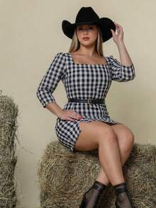 Short Checkered Dress, Mid-Season, 3/4 Sleeve, Plus Size, Stylish, Fashionable For June Festivals, Square Dances, Country Dances, And Cowboys. - Đen và trắng - Xem 2