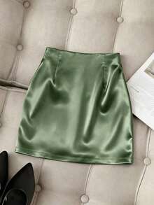 Falda ajustado plisada de cintura alta con dobladillo asimétrico brillante y elegante para mujer, primavera/verano - Verde militar - Ver 2