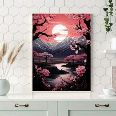 1pc Adult Diamond Painting Frameless Kit - Sunset Sakura Holiday Surprise Gift - DIY 5D Diamond Art Kit Full Drill Diamond Craft Home Decor - 30X40cm / 11.8X15.7 Inch