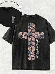 1 Piece Unisex Oversized Crew Neck Short Sleeve T-Shirt, Distressed And Washed, 100% Heavyweight 220g Cotton, Designed By Y2K Artists In A Vintage American Style, Graphic Print Of City Names, Ideal For Everyday Wear, Concerts And Festivals - 黑色 - 查看 6