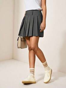 Falda plisada de línea A a cuadros de moda para mujer, adecuada para ir al trabajo - Gris Oscuro - Ver 4
