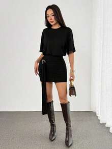 Vestido camiseta con detalle de anillo de drapeado, falda ajustada, hombros cuadrados, corte holgado, estilo casual, elegante y sexy para salir, otoño, primavera y verano, color toffee, ideal para Navidad y Acción de Gracias, con estilo chic - Negro - Ver 8