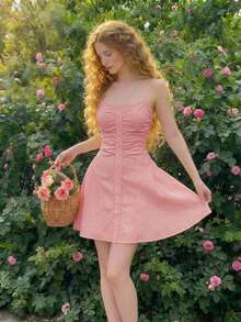 Vestido camisero corto con decoración de botones para mujer, amarillo pálido - Rosa Pálido - Ver 9