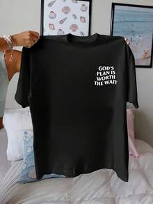 Women's Loose-Fitting T-Shirt With Dropped Shoulders And Inspirational Back Print "GOD'S PLAN IS WORTH THE WAIT" - Casual White Crew Neck T-Shirt, Machine Washable, Comfortable Fit For All Seasons, Motivational Clothing, Back Print T-Shirt, Durable Fabric, Comfortable Clothing, Top, Soft Material, Relaxed Fit, For Y2k Fashion Lovers. - 黑色 - 查看 2