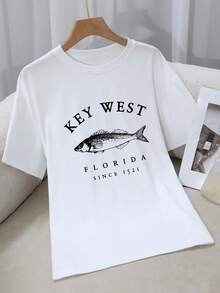 Women's T-Shirt With Florida Keys Key West Tarpon Fish Print And KWEST Lettering - Black With White Print, Loose Fit, Short Sleeve, Casual Design With All-Over "Pride Since 1513" Print, Machine Washable Souvenir Clothing, Y2K T-Shirt - 白色 - 查看 1