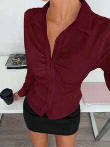 Blusa de manga larga con pliegues y botones, camisa blanca con cuello, camisa blanca para mujer, camisa blanca ajustada, blusa blanca elegante de oficina, para maestras, de vuelta a la escuela, camisas de maestras, otoño para mujeres, para toda - Burdeos - Ver 5