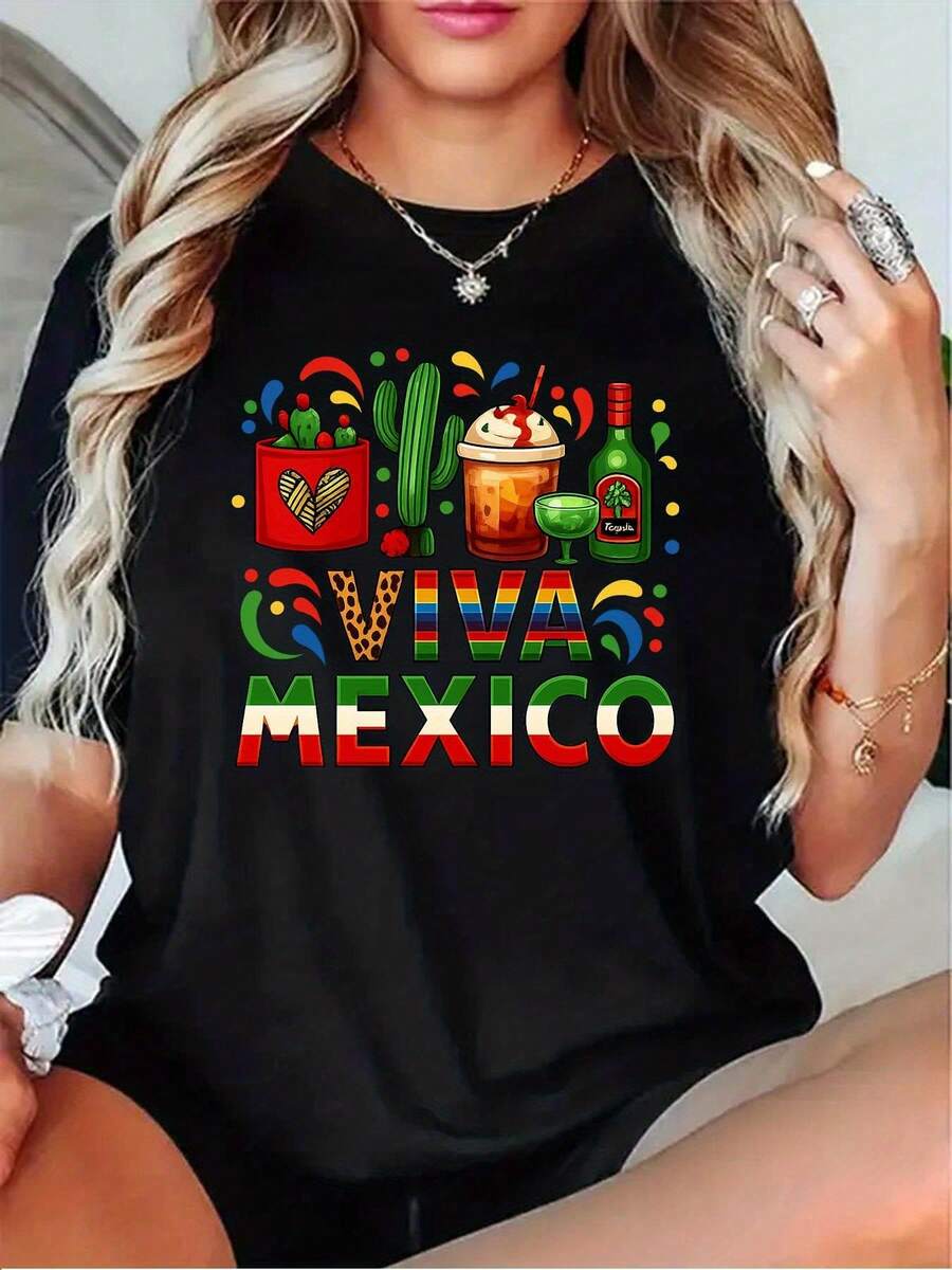 Camiseta de Fiesta Mexicana para Mujer - Estampado Gráfico de Cactus, Margarita y Tequila con Diseño de Sombrero - Manga Corta, Cuello Redondo, Estilo Casual para el Cinco de Mayo, Fiestas Temáticas y Atuendos Informales - Tela Suave y Transpirable (Negro/Gris/Blanco/Rojo Oscuro) - Negro - Ver 1