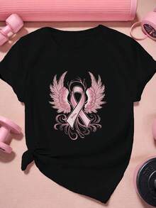 Camiseta Deportiva de Manga Corta para Mujer Talla Grande con Lazo Rosa y Alas - Negro - Ver 7