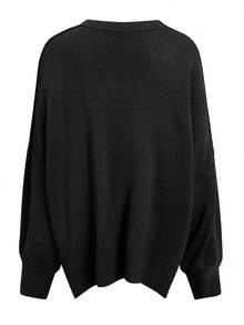 Women's Ribbed Knit Sweater With Long Sleeves And Crew Neck - Winter - Black - View 7