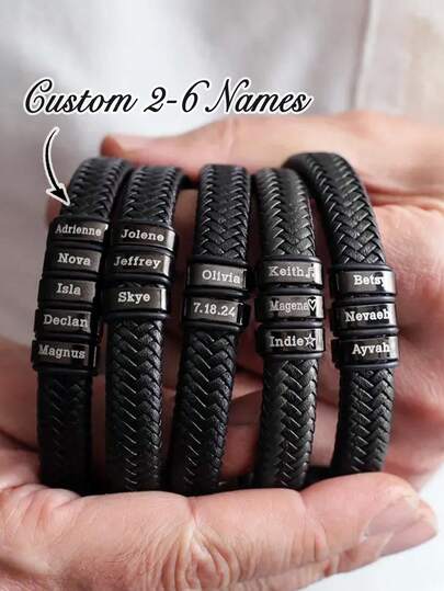 1 pieza Pulsera de cuero con cuentas con nombre personalizado para hombres, regalo personalizado para el Día del Padre, regalo de cumpleaños para papá, esposo, novio, pulsera negra