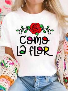 Tops de mujer 100% algodón, camisetas florales con estampado gráfico "Como La Flor" para mujeres hispano-americanas, tops de verano para mujer. - Blanco - Ver 1