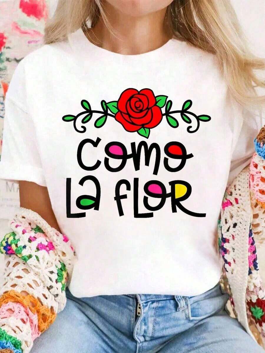 Tops de mujer 100% algodón, camisetas florales con estampado gráfico "Como La Flor" para mujeres hispano-americanas, tops de verano para mujer. - Blanco - Ver 1