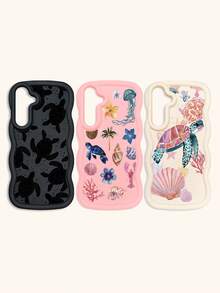 Bộ 3 ốp lưng điện thoại in hình rùa biển, viền lượn sóng, chất liệu TPU mềm dẻo chống sốc, phong cách bãi biển mùa hè, tương thích với iPhone 15/14/13/12/17 Pro Max & Galaxy S25 Ultra, thích hợp sử dụng hàng ngày hoặc làm quà tặng, giao hàng nhanh. - Nhiều màu - Xem 64