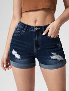 Pantalones Cortos De Mezclilla Con Borde Deshilachado - Azul lavado oscuro - Ver 5