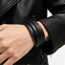 1 buah Gelang Kulit PU Kepang Berlapis Gaya Motor Punk, Aksesori Pemakaian Sehari-hari Pria, Cocok Sebagai Hadiah - Hitam - View 1