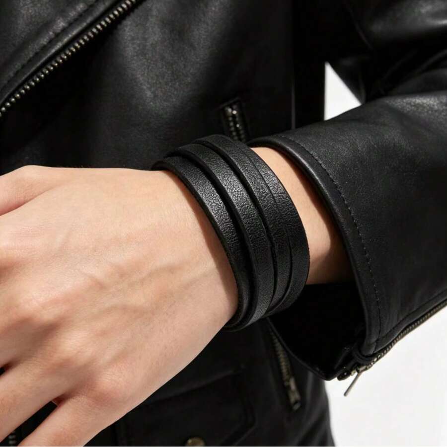 1 buah Gelang Kulit PU Kepang Berlapis Gaya Motor Punk, Aksesori Pemakaian Sehari-hari Pria, Cocok Sebagai Hadiah - Hitam - View 1