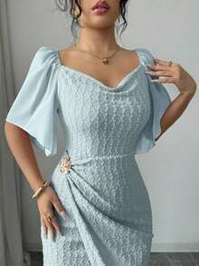 Vestido elegante ajustado con cuello de volantes, mangas de pétalos y hebilla metálica de bloque de color para mujer, primavera/verano - Verde - Ver 3