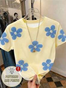 Camiseta casual de mujer de unicolor con cuello redondo, versátil para el verano - Multicolor 6 - Ver 5
