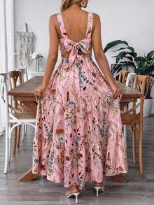 Vestido deslizante casual y elegante con diseño de cintura elástica, lazo de moño y estampado floral para vacaciones y uso diario de mujer - Rosa vieja - Ver 2
