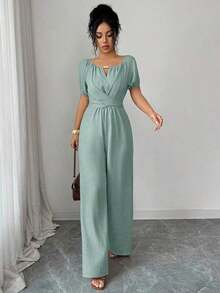 Mono elegante de mujer de pata ancha con cuello redondo, manga larga, cintura retorcida y decoración de cuentas de madera en color caqui para uso diario - verde menta - Ver 6