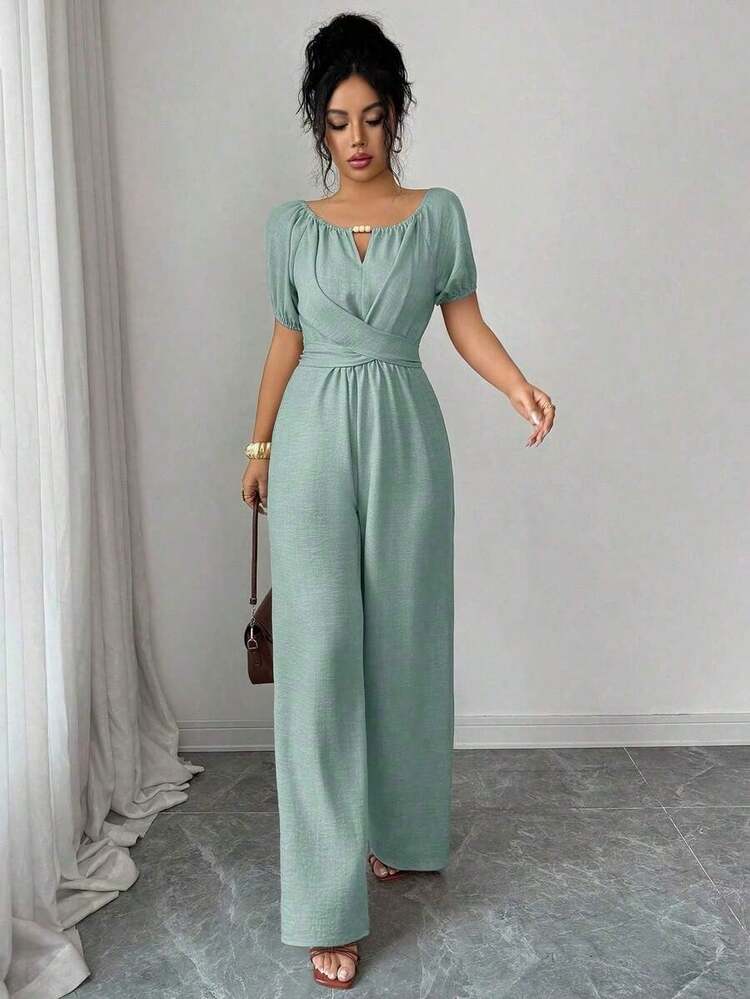 Mono elegante de mujer de pata ancha con cuello redondo, manga larga, cintura retorcida y decoración de cuentas de madera en color caqui para uso diario - verde menta - Añade 6