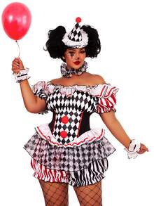 5Pcs Halloween Women Creepy Clown Costume Adult Circus Freakshow Scary Killer Clown Dress Jumpsuit Cosplay For Costume Party Off Shoulder Shorts Romper Dress+Sleeves+Collar+Hat+Stockings - 黑色 - 查看 5