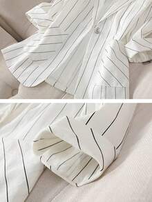 Plus Size Women's Spring/Summer Striped Print Single-Breasted 7/8 Sleeve Office Casual Blazer White - White - View 6