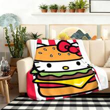 1pc Comfortable Hello Kitty Burger Pattern Flannel Blanket, Soft Polyester Knitted Design, Versatile Use, Machine Washable, Plush Throw Blanket Ideal For Home, Travel, Outdoor, All Seasons - Perfect For Sofa, Bed, Office Or Travel, Watching Movies, Napping, Bedroom, Office, Car, Sanrio Blanket - Multicolor - View 6