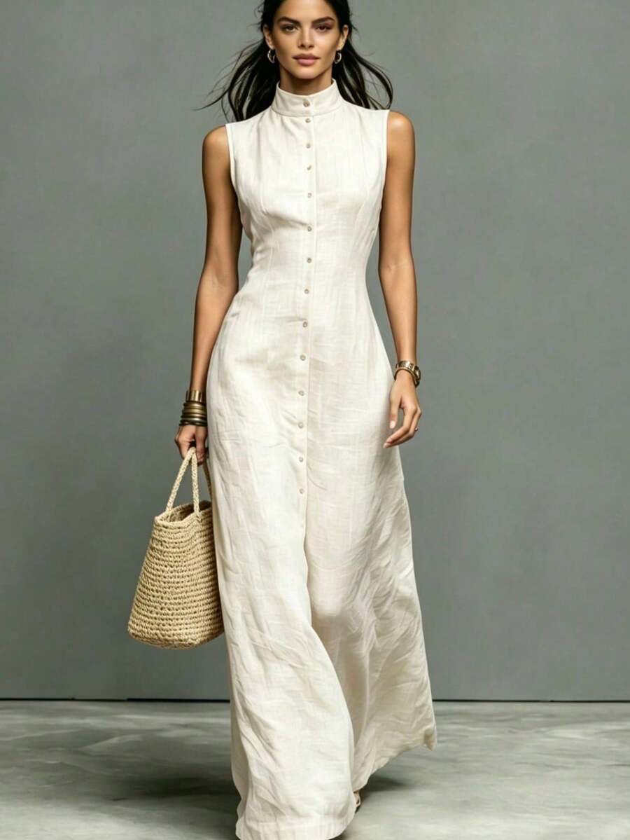 Minimalist Style Single-Neck Sleeveless Maxi Linen Dress - White - View 1