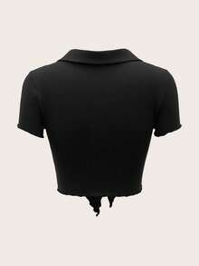 Top crop ribete en forma de lechuga con nudo delantero - Negro - Ver 2