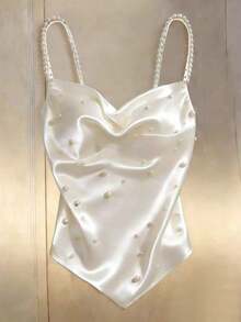 Camiseta de tirantes casual y versátil con decoración de perlas falsas para uso diario - Blanco - Ver 6
