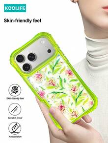 Koolife 1件綠色邊框清新花卉印花 3合1 手機殼，PC+TPU 三層防震保護套，防衝擊防摔，適用於 Apple 17/17pro/17promax - 綠色 - 查看 8
