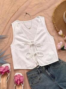 Blusa de tirantes con estampado tropical, cuello en V y mangas acampanadas con nudo, para vacaciones de verano para mujeres - Blanco - Ver 4