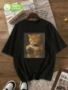 Camiseta de mujer con estampado divertido de gato, diseño lindo y único, humorístico y llamativo, estilo callejero, 100% algodón, cuello redondo de manga corta, ropa casual de talla grande, camiseta retro, primavera/verano negro - Negro - Ver 3