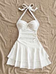 AVestido mini sexy con espalda descubierta, corbata en el cuello, dobladillo fruncido y doble capa, adecuado para fiestas, citas, San Valentín - Blanco 2 - Ver 3